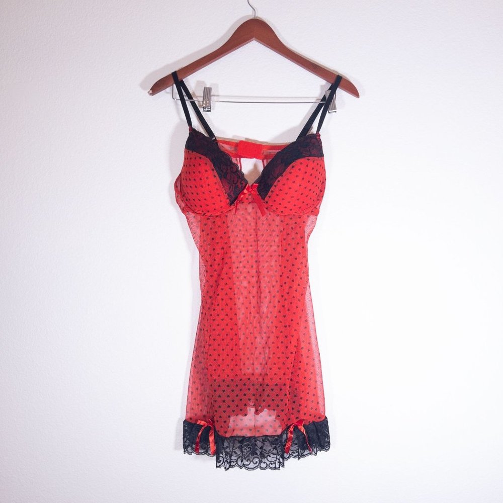 Per Lei Womans Intimates Red Black Heart Print Night Gown Chemise Plus Sz 2X